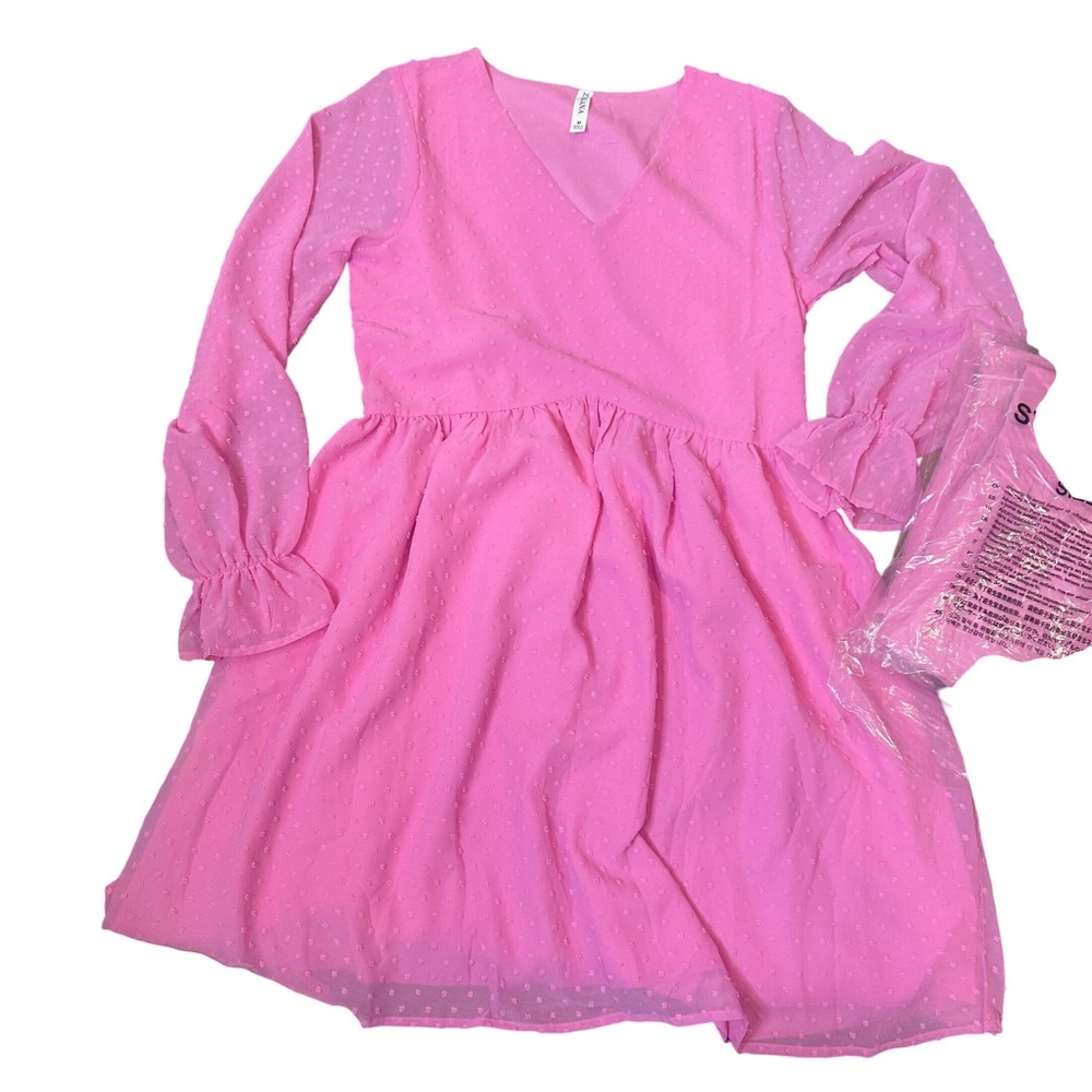 ZENANA Candy Pink Swiss Dot Small Babydoll V Neck Dess Long Sleeve‎ - Picture 2 of 8